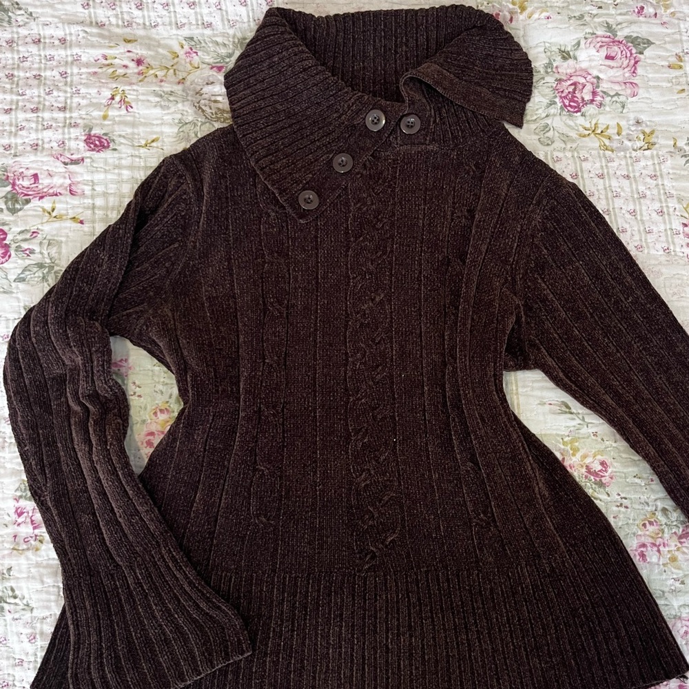 Brown Ribbed Knit Sweater with Button Collar